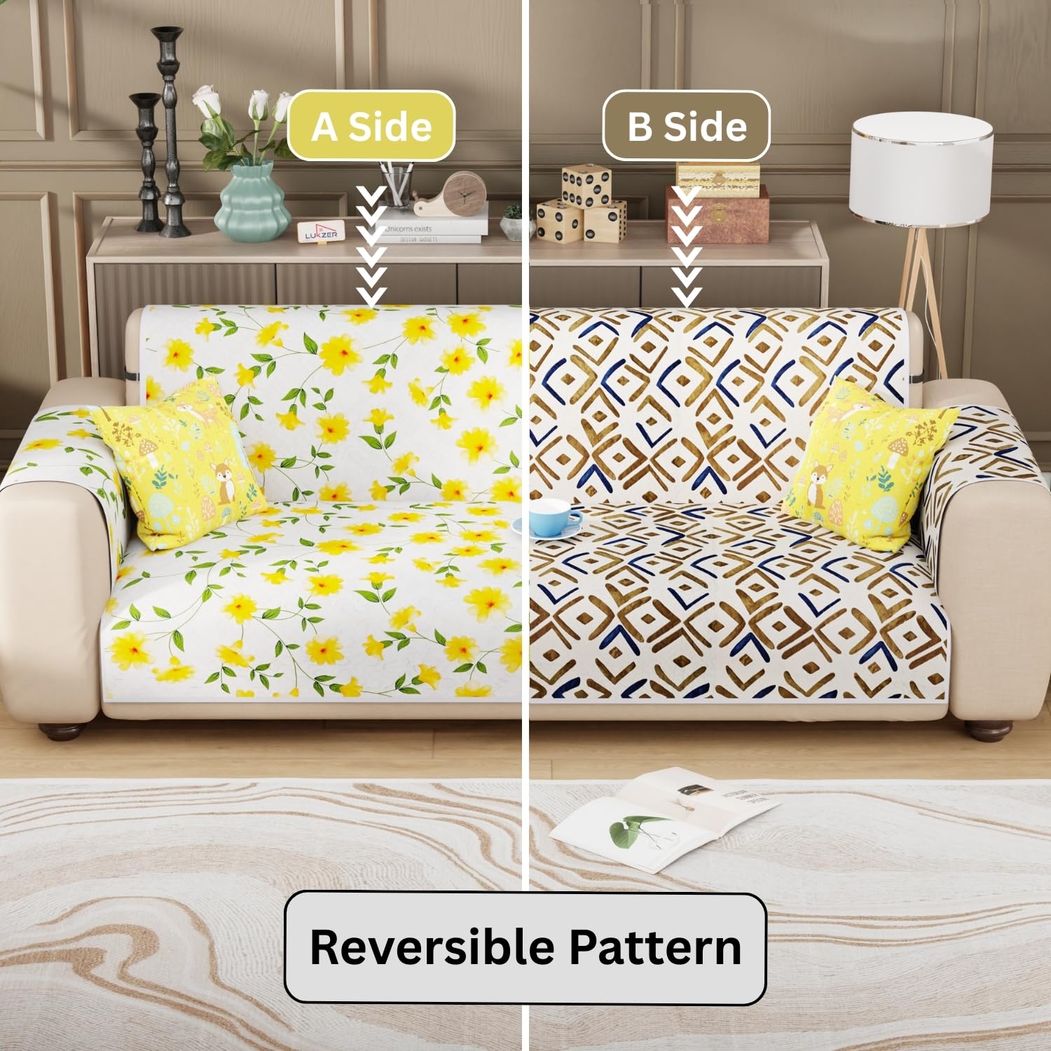 Lukzer Quilted Reversible Sofa Cover Mat with Arms | Polyester Blend 350 GSM Full Coverage &amp; Back Belt for Stability | Washable Furniture Protector.