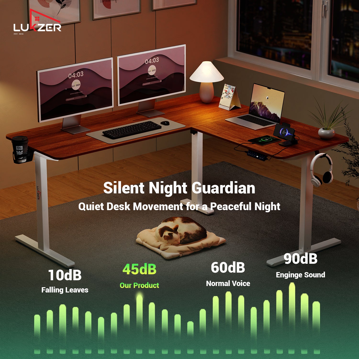 Lukzer Electric Height Adjustable Desk with USB & Type-C Study Table (EST-001/UC-White & Oak Brown) 3-Years Warranty