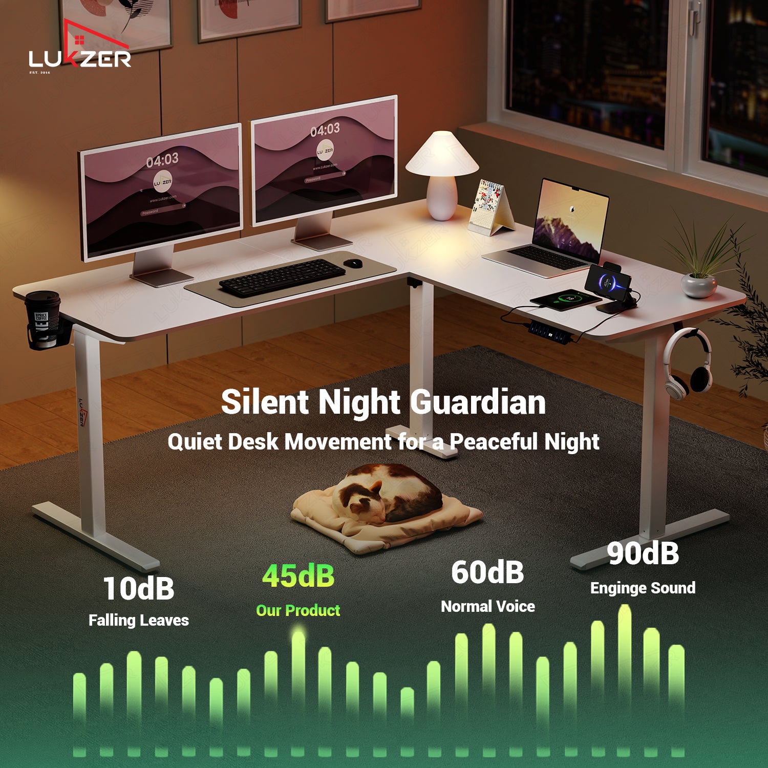 Lukzer Electric Height Adjustable Desk with USB & Type-C Study Table (EST-001/UC-White & White) 3-Years Warranty