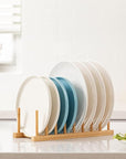 Lukzer 8-Slot Bamboo Plate Stand Rack | Multipurpose Wooden Dish Organizer for Kitchen Cabinet, Countertop & Sink | Natural Wood Dish Drainer for Plates, Lids, Trays & Cutting Boards