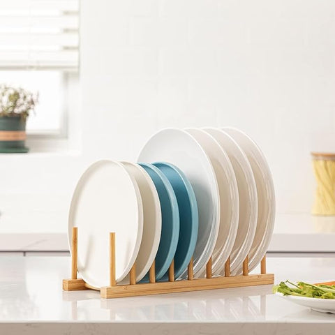 Lukzer 8-Slot Bamboo Plate Stand Rack | Multipurpose Wooden Dish Organizer for Kitchen Cabinet, Countertop & Sink | Natural Wood Dish Drainer for Plates, Lids, Trays & Cutting Boards