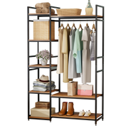 Lukzer Heavy Duty Garment Rack with 8 Shelves & Hanging Rod (MMR-004/Black & Oak Brown)