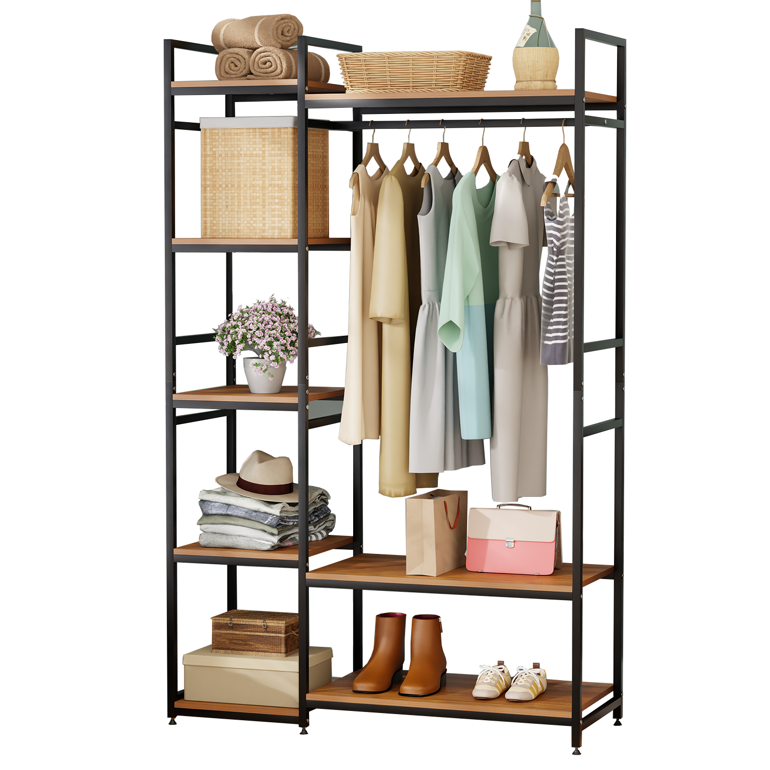 Lukzer Heavy Duty Garment Rack with 8 Shelves & Hanging Rod (MMR-004/Black & Oak Brown)