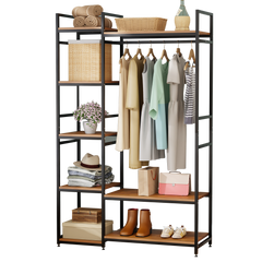 Lukzer Heavy Duty Garment Rack with 8 Shelves & Hanging Rod (MMR-004/Black & Oak Brown)