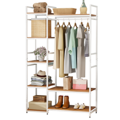 Lukzer Heavy Duty Garment Rack with 8 Shelves & Hanging Rod (MMR-004/White & Oak Brown)