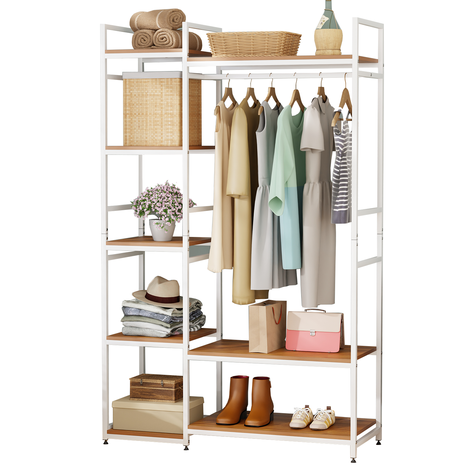 Lukzer Heavy Duty Garment Rack with 8 Shelves & Hanging Rod (MMR-004/White & Oak Brown)