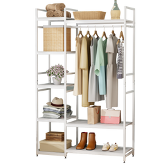 Lukzer Heavy Duty Garment Rack with 8 Shelves & Hanging Rod (MMR-004/White & White)