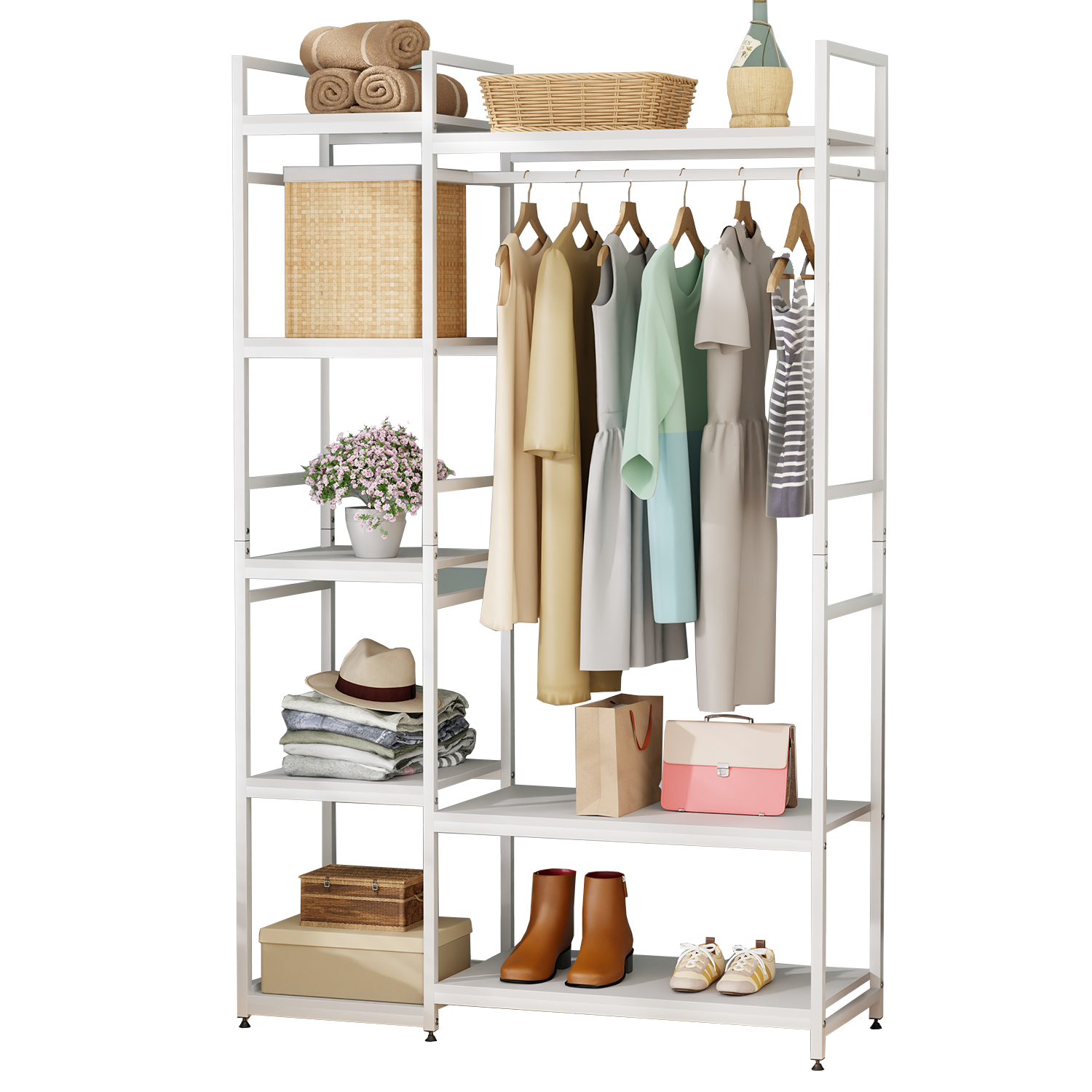 Lukzer Heavy Duty Garment Rack with 8 Shelves & Hanging Rod (MMR-004/White & White)