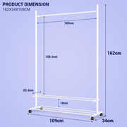 Lukzer Single Rod Metal Garment Rack with Wheels & 2 Bottom Shelves (White)