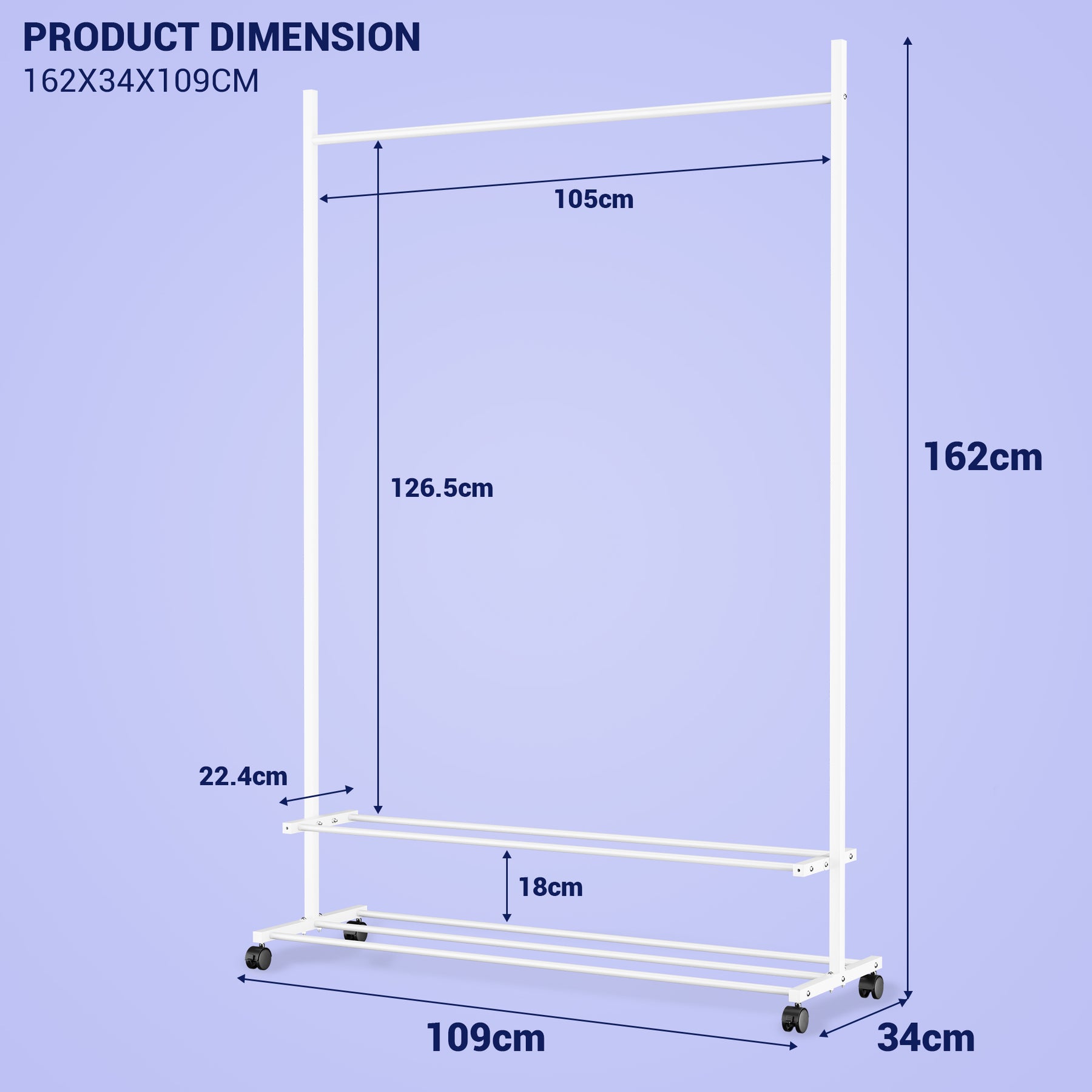 Lukzer Single Rod Metal Garment Rack with Wheels & 2 Bottom Shelves (White)