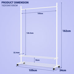 Lukzer Single Rod Metal Garment Rack with Wheels & 2 Bottom Shelves (White)