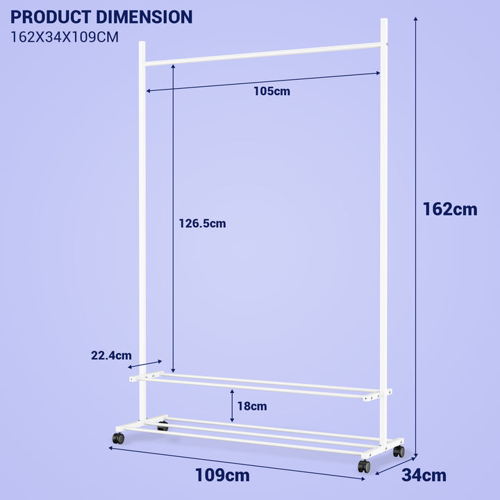Lukzer Single Rod Metal Garment Rack with Wheels & 2 Bottom Shelves (White)