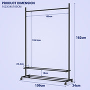 Lukzer Single Rod Metal Garment Rack with Wheels & 2 Bottom Shelves (Black)