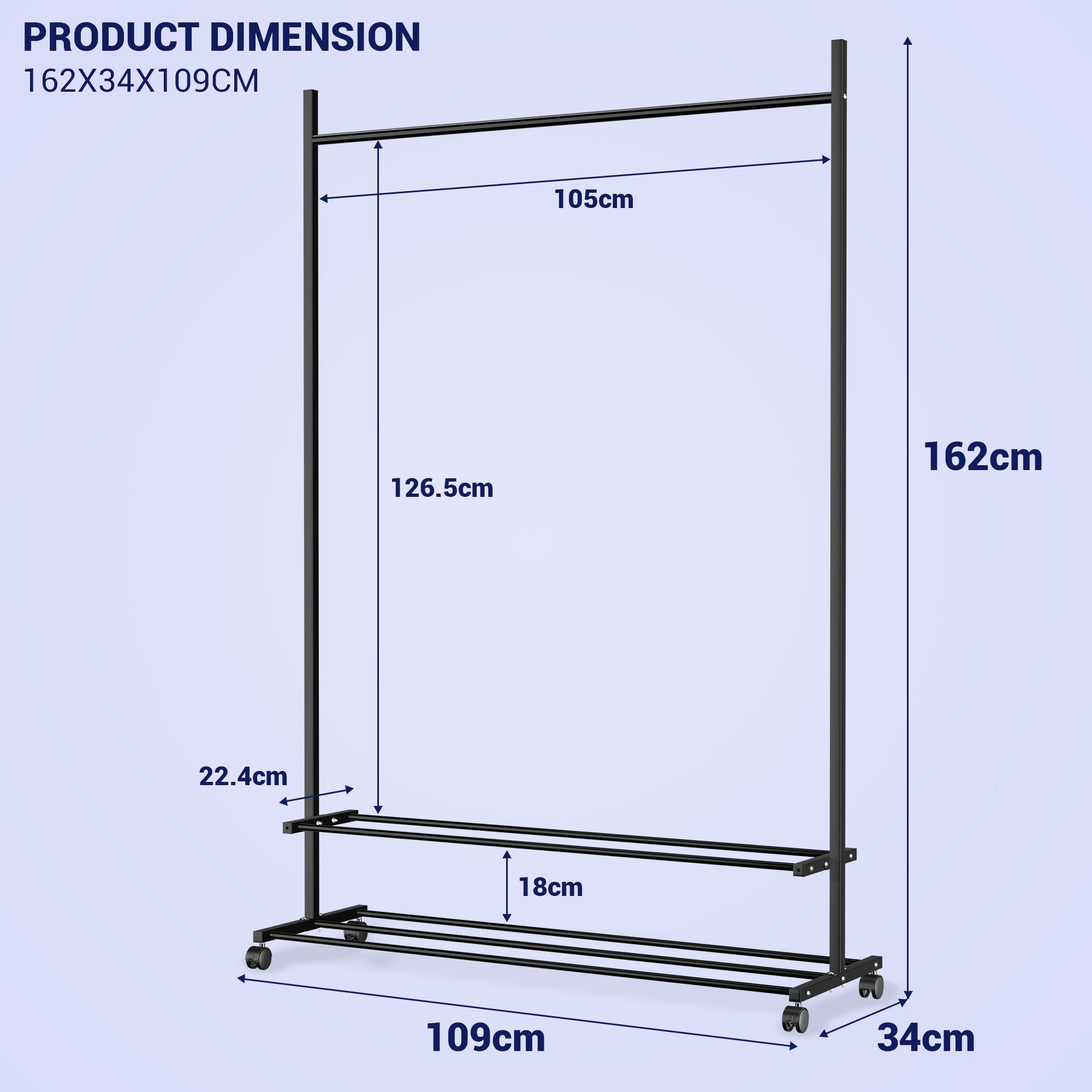 Lukzer Single Rod Metal Garment Rack with Wheels & 2 Bottom Shelves (Black)