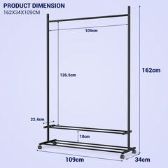 Lukzer Single Rod Metal Garment Rack with Wheels & 2 Bottom Shelves (Black)