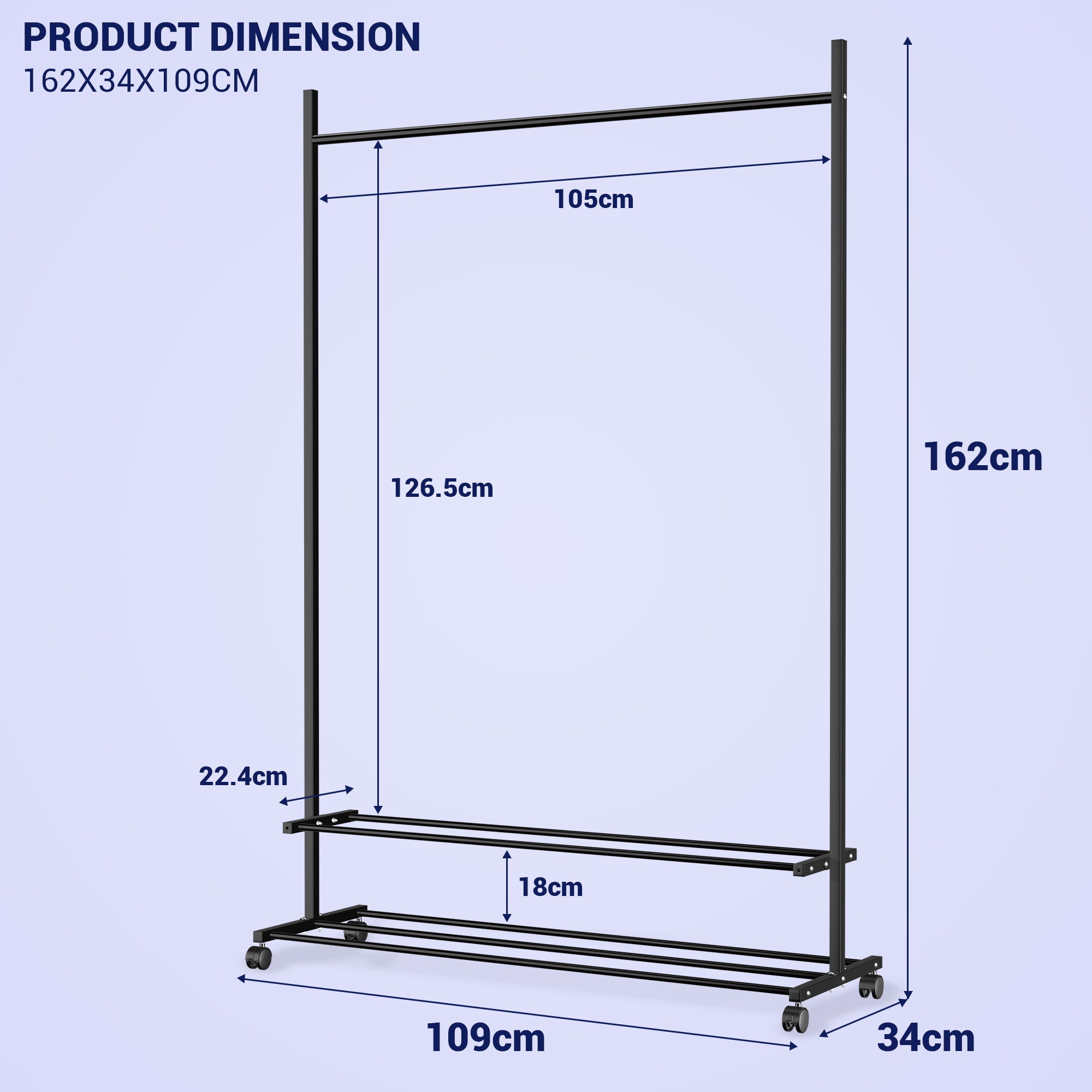 Lukzer Single Rod Metal Garment Rack with Wheels & 2 Bottom Shelves (Black)