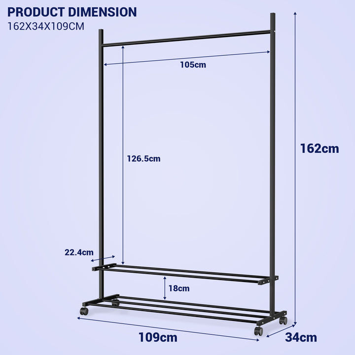 Lukzer Single Rod Metal Garment Rack with Wheels & 2 Bottom Shelves (Black)