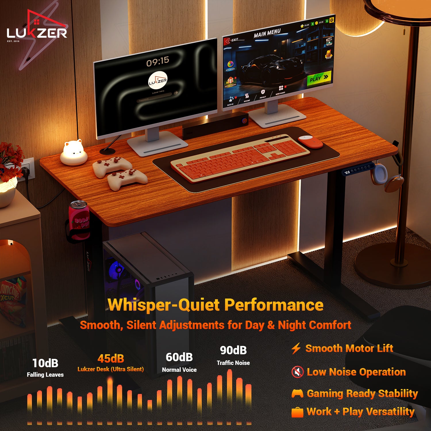 Lukzer Electric Automatic Height Adjustable Sit Stand Desk EST-003 ( Black & Oak Brown ) 3-Years Warranty