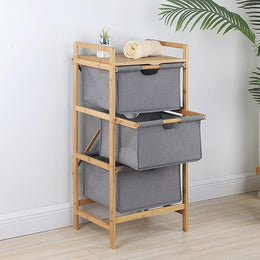 Lukzer 3 Layer Vertical Bamboo Storage Shelf with Removable Fabric Drawers – Multipurpose Tall Organizer for Bathroom, Bedroom, Laundry Room, Living Room, Office – Space-Saving Wooden Rack (Grey)