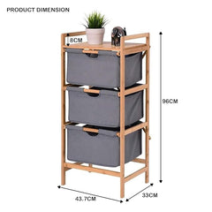Lukzer 3 Layer Vertical Bamboo Storage Shelf with Removable Fabric Drawers (Grey/CH-011)
