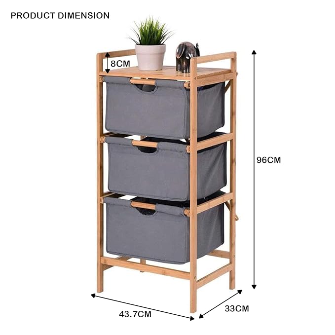 Lukzer 3 Layer Vertical Bamboo Storage Shelf with Removable Fabric Drawers (Grey/CH-011)