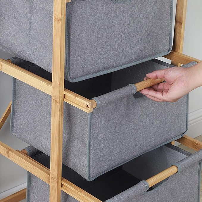 Lukzer 3 Layer Vertical Bamboo Storage Shelf with Removable Fabric Drawers (Grey/CH-011)
