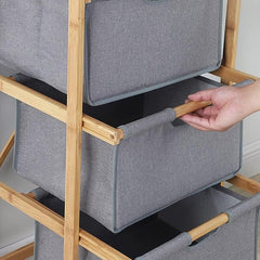 Lukzer 3 Layer Vertical Bamboo Storage Shelf with Removable Fabric Drawers (Grey/CH-011)