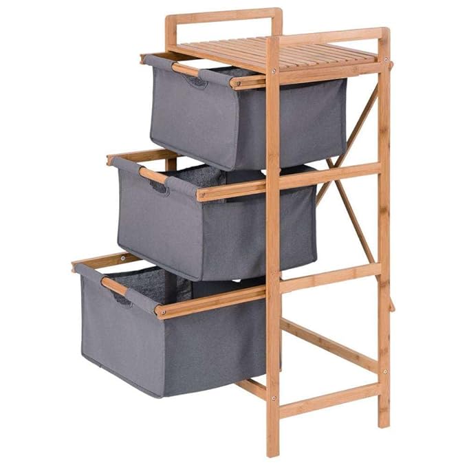 Lukzer 3 Layer Vertical Bamboo Storage Shelf with Removable Fabric Drawers (Grey/CH-011)