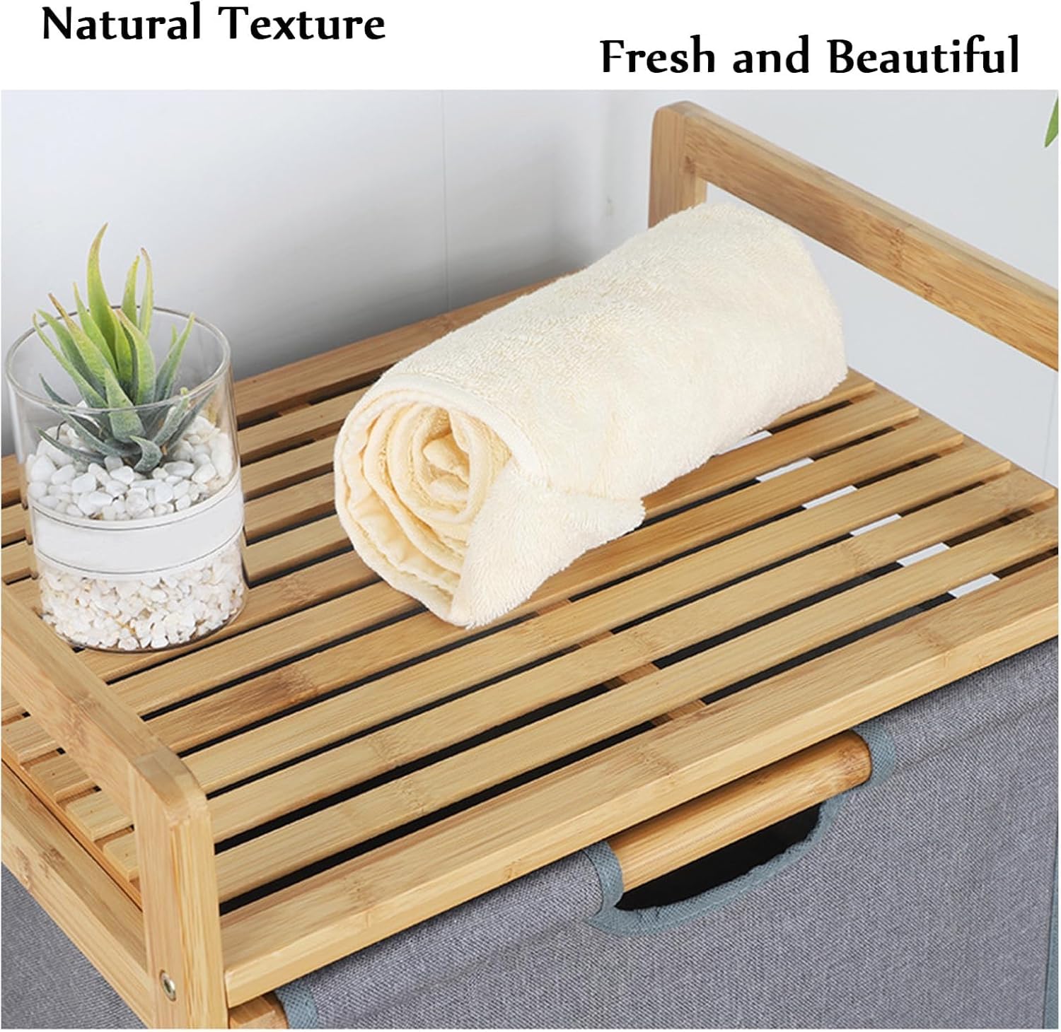 Lukzer 3 Layer Vertical Bamboo Storage Shelf with Removable Fabric Drawers (Grey/CH-011)