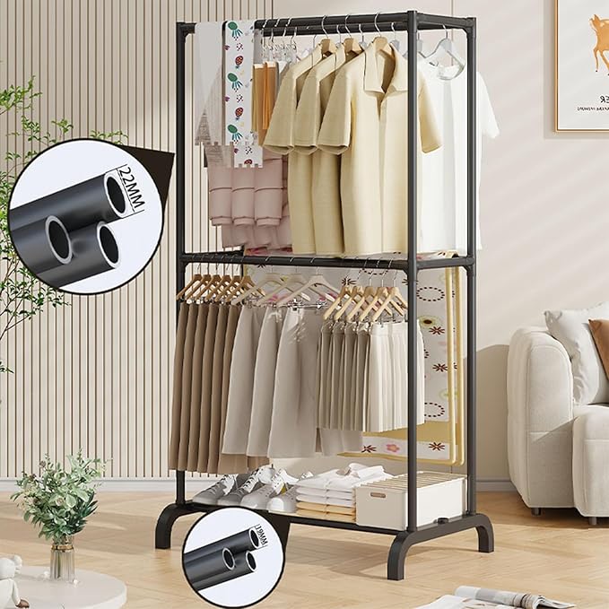 2-Tier Clothes, Hat &amp; Coat Rack – Freestanding Metal Organizer Stand for Home, Bedroom, Balcony &amp; Dorm Use | Space-Saving Metal Frame Garment Hanger | Modern DIY Assembly – (White/Black)