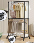 2-Tier Clothes, Hat & Coat Rack – Freestanding Metal Organizer Stand for Home, Bedroom, Balcony & Dorm Use | Space-Saving Metal Frame Garment Hanger | Modern DIY Assembly – (White/Black)