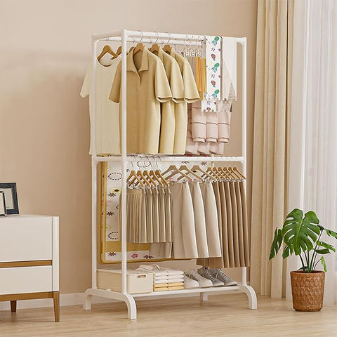 2-Tier Clothes, Hat & Coat Rack – Freestanding Metal Organizer Stand for Home, Bedroom, Balcony & Dorm Use | Space-Saving Metal Frame Garment Hanger | Modern DIY Assembly – (White/Black)