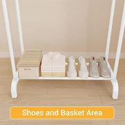 2-Tier Clothes, Hat & Coat Rack – Freestanding Metal Organizer Stand for Home, Bedroom, Balcony & Dorm Use | Space-Saving Metal Frame Garment Hanger | Modern DIY Assembly – (White/Black)