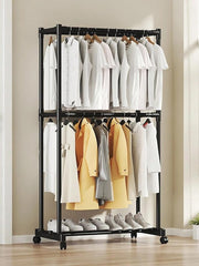 Double-Pole Coat Rack with Wheels & Floating Wall Shelves | Floor-Standing Clothes Hanger Stand with Bottom Shelf for Shoes | Dustproof Metal Organizer for Bedroom, Living Room & Balcony (White/Black)