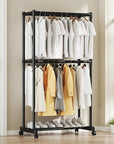 Double-Pole Coat Rack with Wheels & Floating Wall Shelves | Floor-Standing Clothes Hanger Stand with Bottom Shelf for Shoes | Dustproof Metal Organizer for Bedroom, Living Room & Balcony (White/Black)