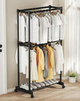 Double-Pole Coat Rack with Wheels & Floating Wall Shelves | Floor-Standing Clothes Hanger Stand with Bottom Shelf for Shoes | Dustproof Metal Organizer for Bedroom, Living Room & Balcony (White/Black)