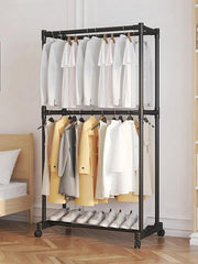 Double-Pole Coat Rack with Wheels & Floating Wall Shelves | Floor-Standing Clothes Hanger Stand with Bottom Shelf for Shoes | Dustproof Metal Organizer for Bedroom, Living Room & Balcony (White/Black)