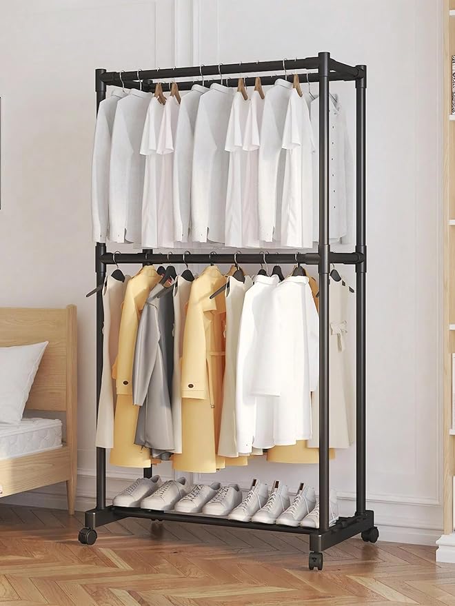 Double-Pole Coat Rack with Wheels &amp; Floating Wall Shelves | Floor-Standing Clothes Hanger Stand with Bottom Shelf for Shoes | Dustproof Metal Organizer for Bedroom, Living Room &amp; Balcony (White/Black)