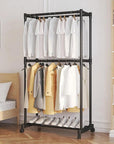 Double-Pole Coat Rack with Wheels & Floating Wall Shelves | Floor-Standing Clothes Hanger Stand with Bottom Shelf for Shoes | Dustproof Metal Organizer for Bedroom, Living Room & Balcony (White/Black)