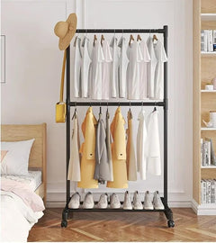Double-Pole Coat Rack with Wheels & Floating Wall Shelves | Floor-Standing Clothes Hanger Stand with Bottom Shelf for Shoes | Dustproof Metal Organizer for Bedroom, Living Room & Balcony (White/Black)