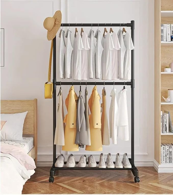Double-Pole Coat Rack with Wheels & Floating Wall Shelves | Floor-Standing Clothes Hanger Stand with Bottom Shelf for Shoes | Dustproof Metal Organizer for Bedroom, Living Room & Balcony (White/Black)