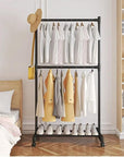 Double-Pole Coat Rack with Wheels & Floating Wall Shelves | Floor-Standing Clothes Hanger Stand with Bottom Shelf for Shoes | Dustproof Metal Organizer for Bedroom, Living Room & Balcony (White/Black)