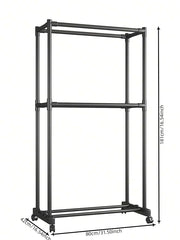 Double-Pole Coat Rack with Wheels & Floating Wall Shelves | Floor-Standing Clothes Hanger Stand with Bottom Shelf for Shoes | Dustproof Metal Organizer for Bedroom, Living Room & Balcony (White/Black)