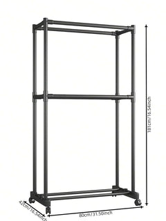 Double-Pole Coat Rack with Wheels & Floating Wall Shelves | Floor-Standing Clothes Hanger Stand with Bottom Shelf for Shoes | Dustproof Metal Organizer for Bedroom, Living Room & Balcony (White/Black)