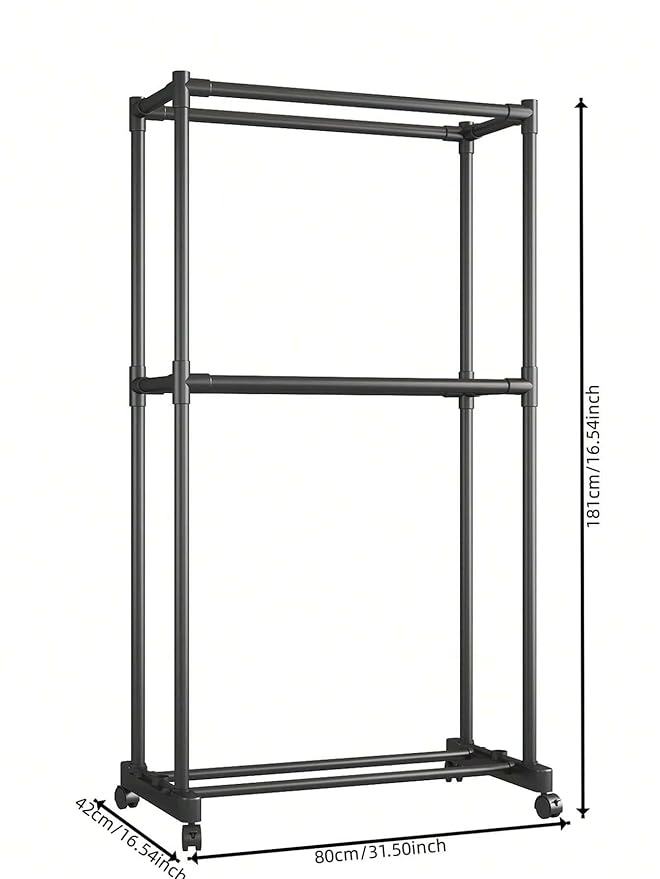 Double-Pole Coat Rack with Wheels & Floating Wall Shelves | Floor-Standing Clothes Hanger Stand with Bottom Shelf for Shoes | Dustproof Metal Organizer for Bedroom, Living Room & Balcony (White/Black)