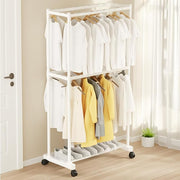 Double-Pole Coat Rack with Wheels & Floating Wall Shelves | Floor-Standing Clothes Hanger Stand with Bottom Shelf for Shoes | Dustproof Metal Organizer for Bedroom, Living Room & Balcony (White/Black)