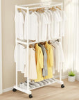 Double-Pole Coat Rack with Wheels & Floating Wall Shelves | Floor-Standing Clothes Hanger Stand with Bottom Shelf for Shoes | Dustproof Metal Organizer for Bedroom, Living Room & Balcony (White/Black)
