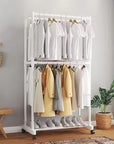 Double-Pole Coat Rack with Wheels & Floating Wall Shelves | Floor-Standing Clothes Hanger Stand with Bottom Shelf for Shoes | Dustproof Metal Organizer for Bedroom, Living Room & Balcony (White/Black)