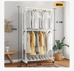 Double-Pole Coat Rack with Wheels & Floating Wall Shelves | Floor-Standing Clothes Hanger Stand with Bottom Shelf for Shoes | Dustproof Metal Organizer for Bedroom, Living Room & Balcony (White/Black)