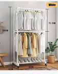 Double-Pole Coat Rack with Wheels & Floating Wall Shelves | Floor-Standing Clothes Hanger Stand with Bottom Shelf for Shoes | Dustproof Metal Organizer for Bedroom, Living Room & Balcony (White/Black)